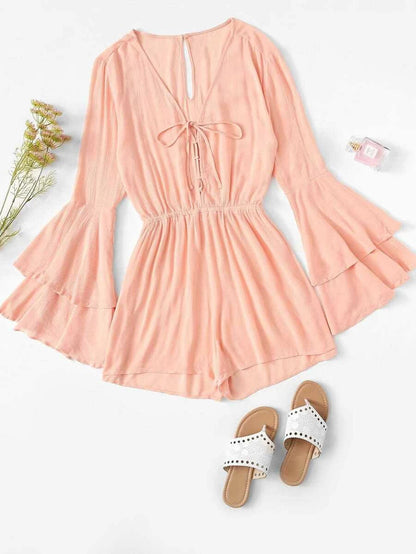 Tie Front V Neckline Solid Romper Periwinkley Shop