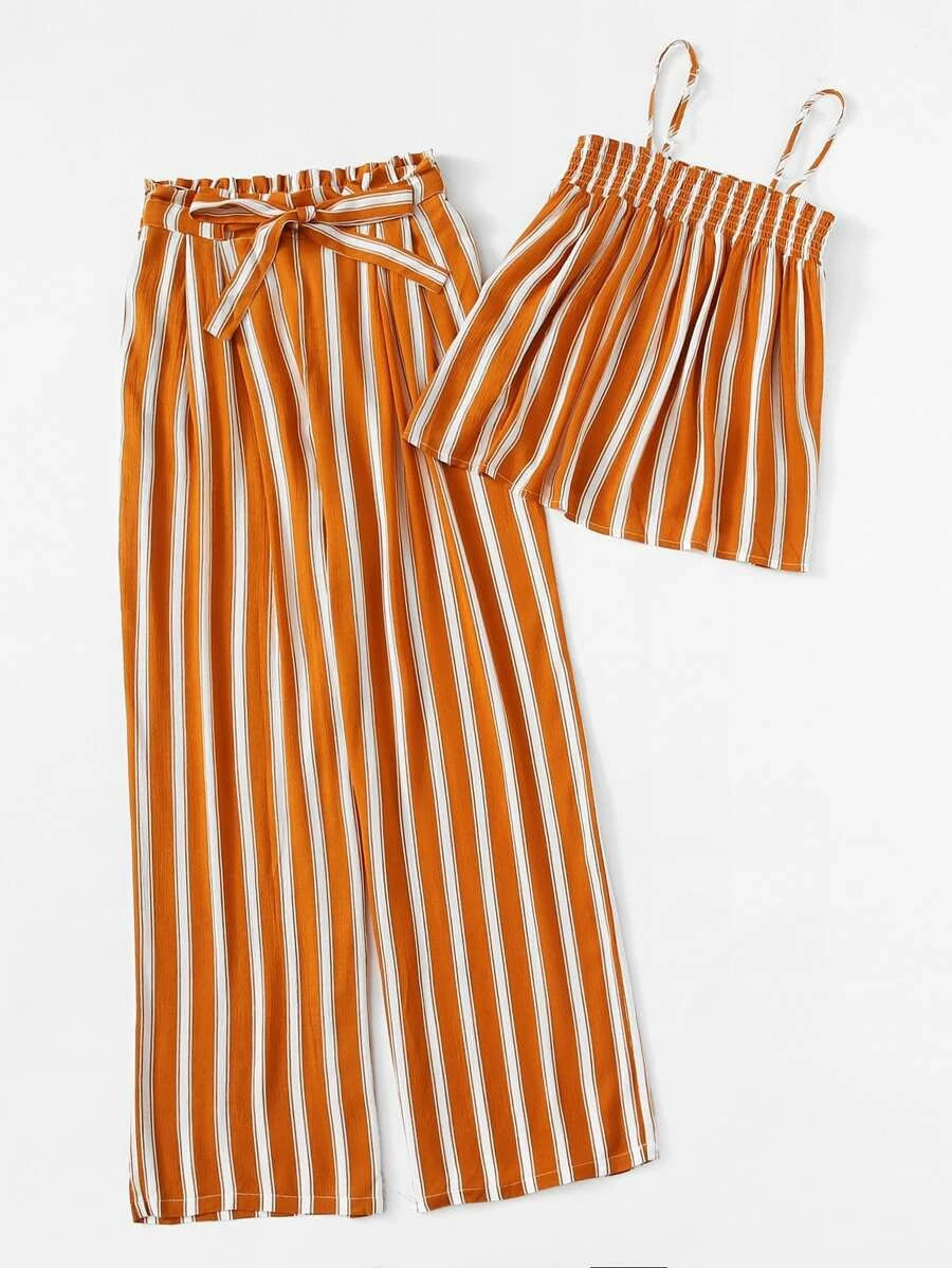 Shirred Striped Cami Top & Palazzo Pants Set Periwinkley Shop