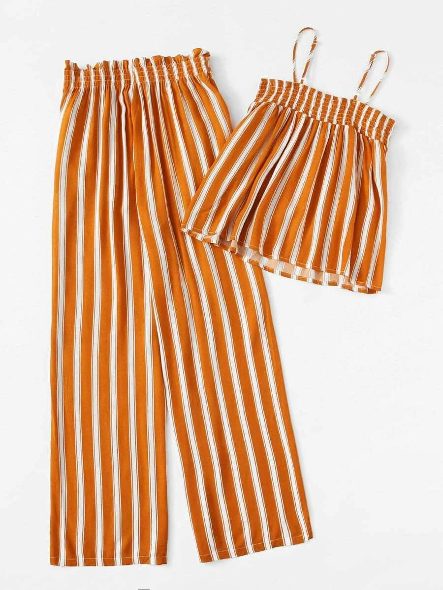 Shirred Striped Cami Top & Palazzo Pants Set Periwinkley Shop