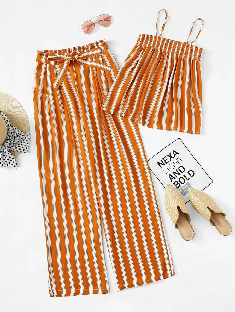 Shirred Striped Cami Top & Palazzo Pants Set Periwinkley Shop
