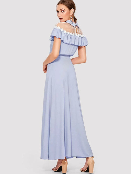 Applique Mesh Shoulder Ruffle Embellished Dress Periwinkley Shop