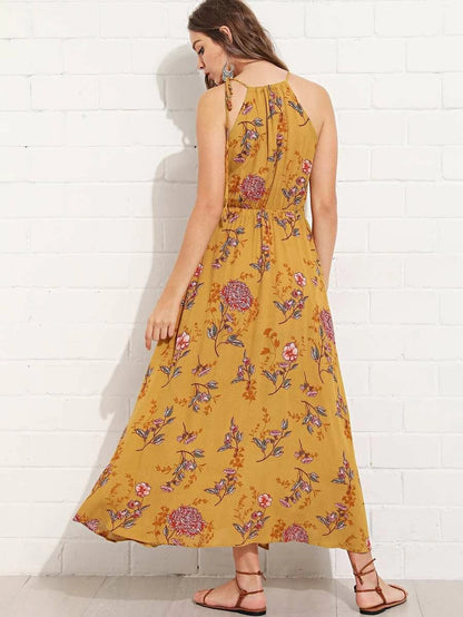 Elastic Waist Halter Neck Floral Dress Periwinkley Shop