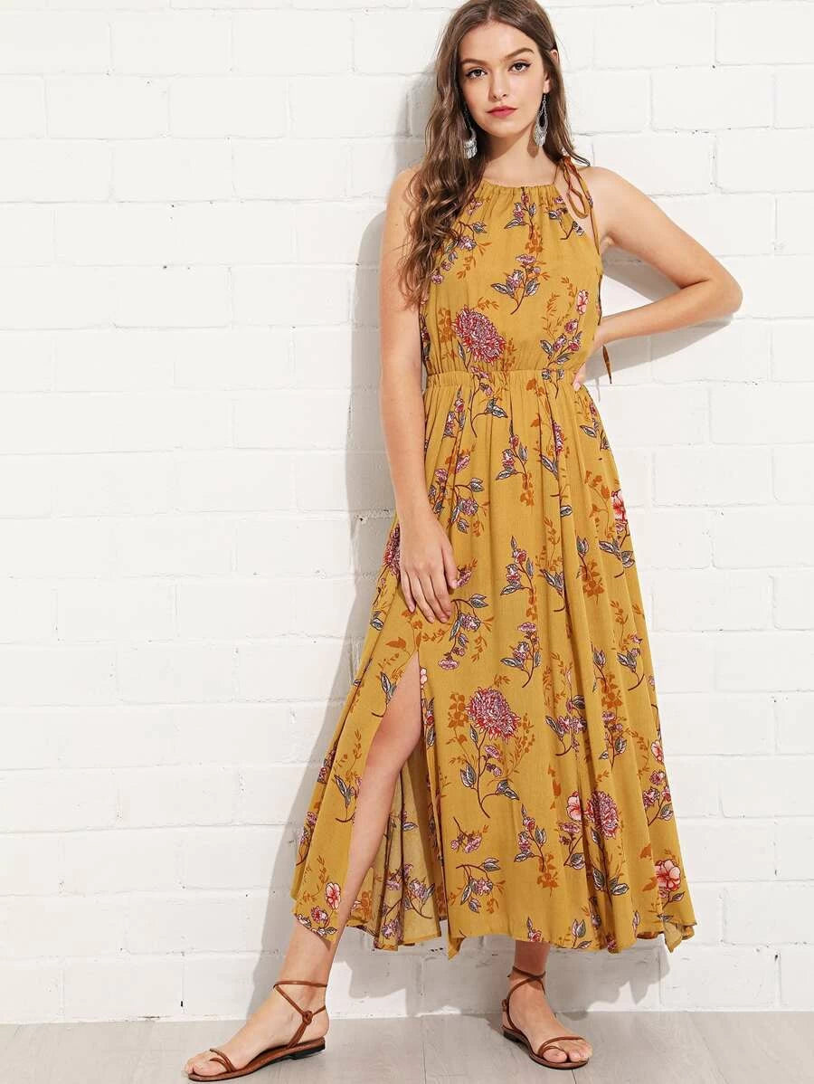 Elastic Waist Halter Neck Floral Dress Periwinkley Shop