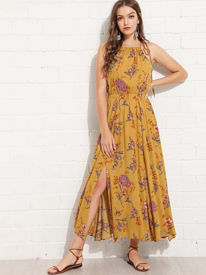 Elastic Waist Halter Neck Floral Dress Periwinkley Shop