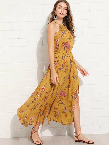 Elastic Waist Halter Neck Floral Dress Periwinkley Shop