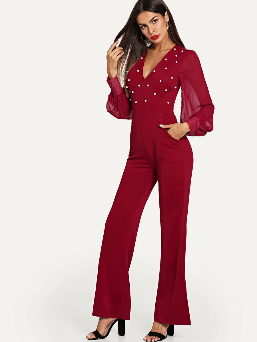 Plunging Pearl Embellished Lantern Sleeve Flared Jumpsuit Periwinkley Shop