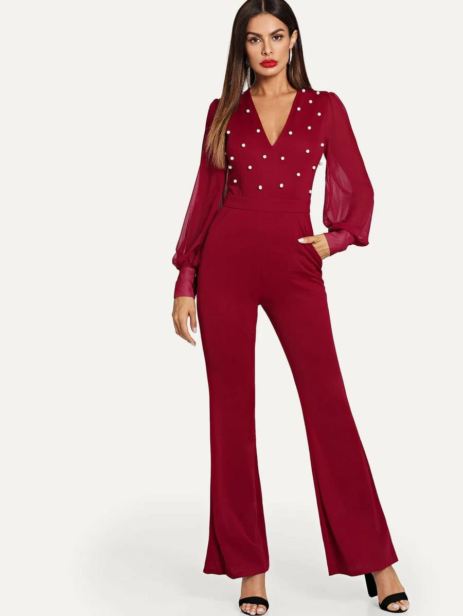 Plunging Pearl Embellished Lantern Sleeve Flared Jumpsuit Periwinkley Shop