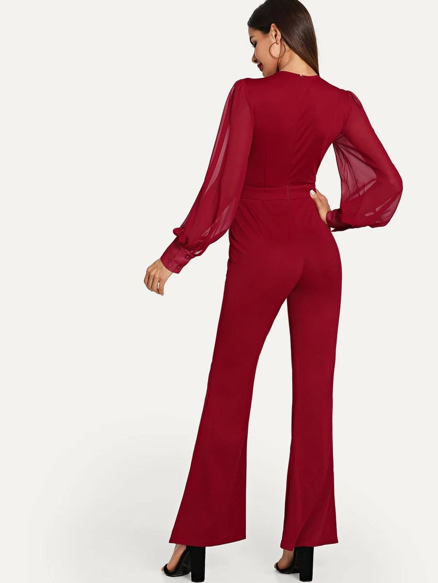 Plunging Pearl Embellished Lantern Sleeve Flared Jumpsuit Periwinkley Shop