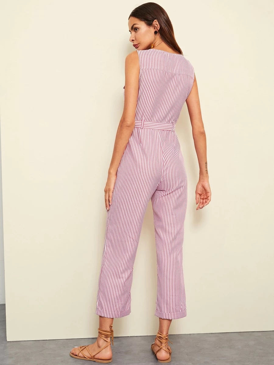 Button Front Rolled Hem Palazzo Striped Jumpsuit Periwinkley Shop