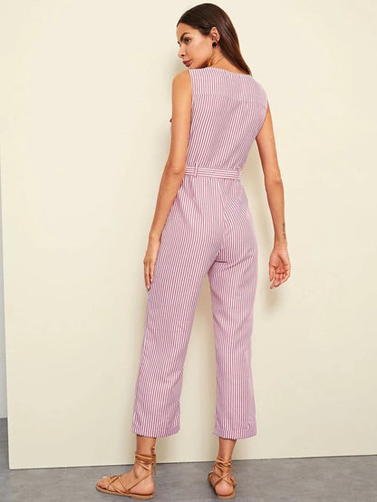 Button Front Rolled Hem Palazzo Striped Jumpsuit Periwinkley Shop