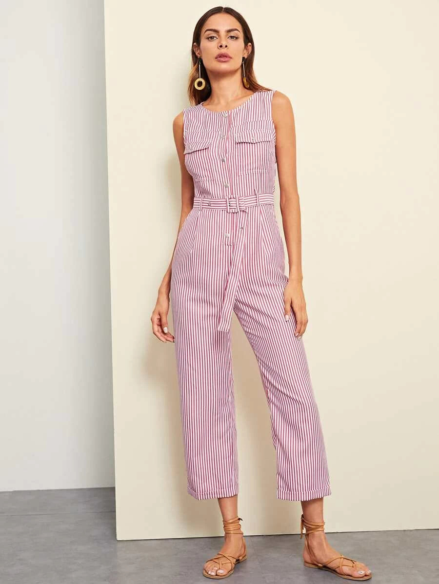 Button Front Rolled Hem Palazzo Striped Jumpsuit Periwinkley Shop