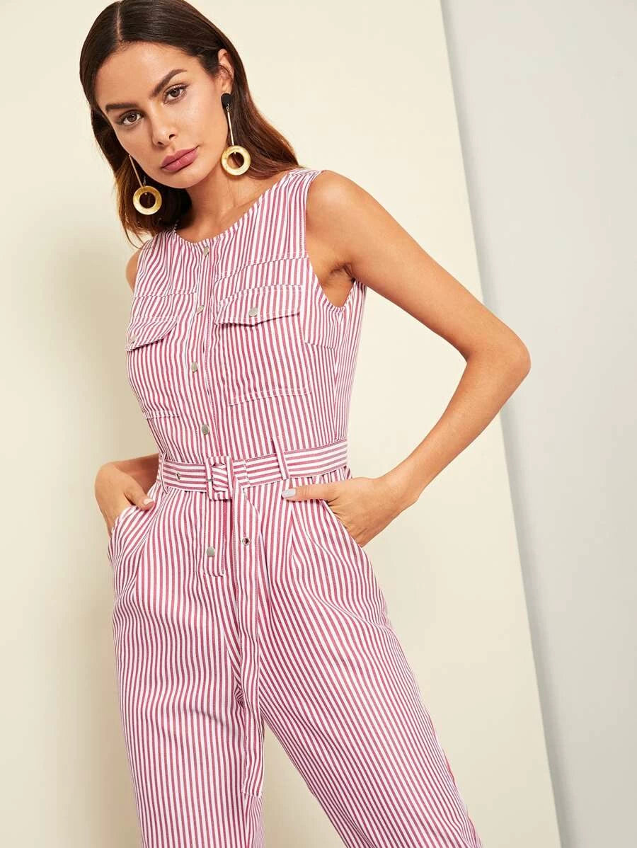 Button Front Rolled Hem Palazzo Striped Jumpsuit Periwinkley Shop