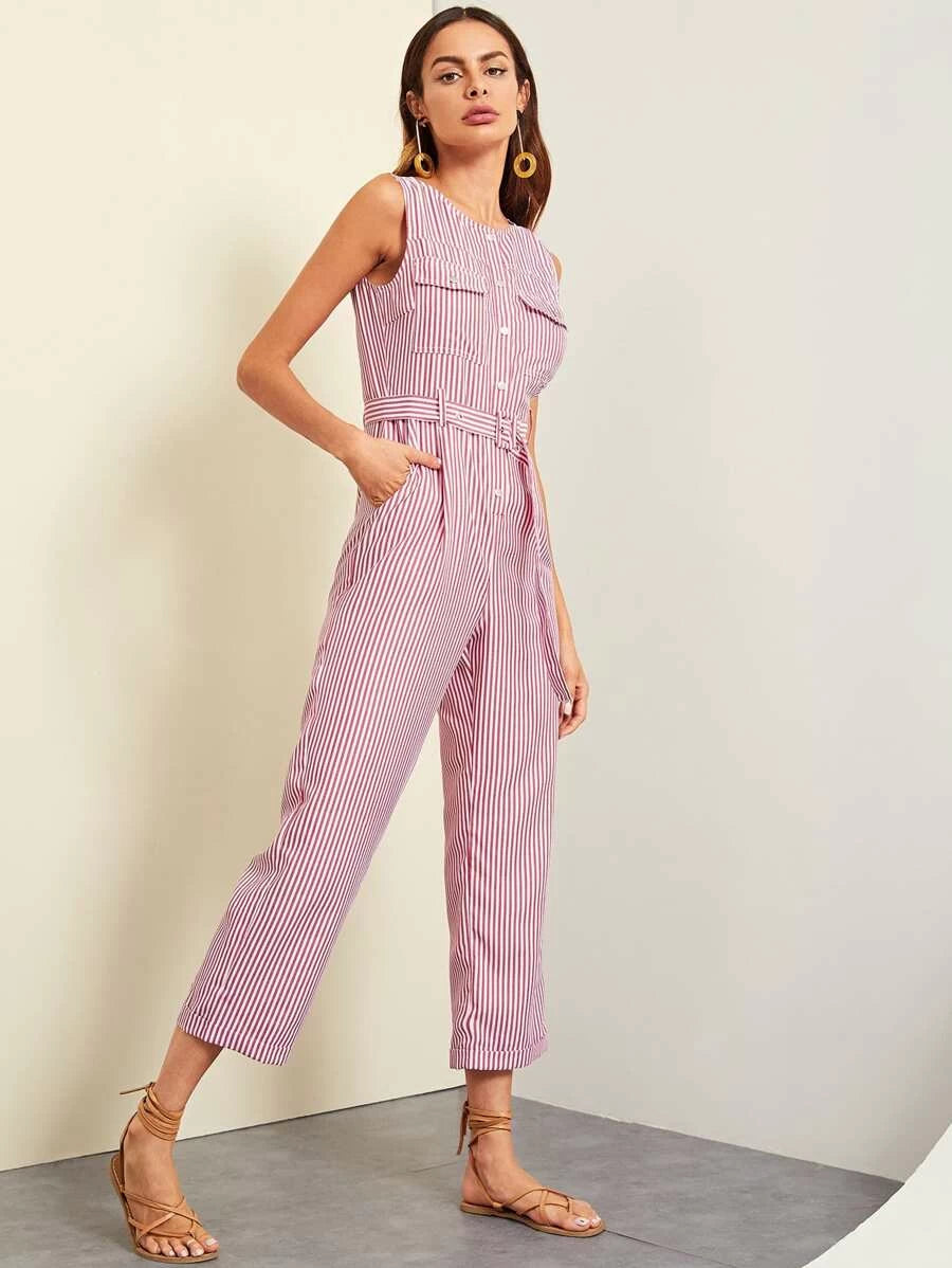 Button Front Rolled Hem Palazzo Striped Jumpsuit Periwinkley Shop