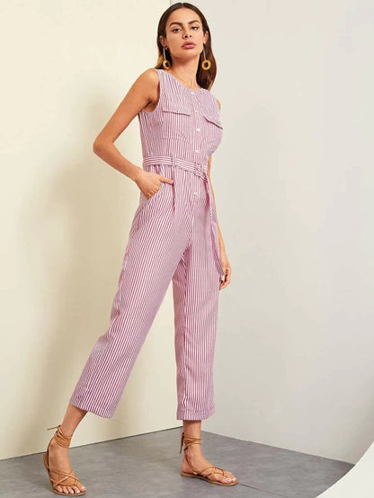 Button Front Rolled Hem Palazzo Striped Jumpsuit Periwinkley Shop