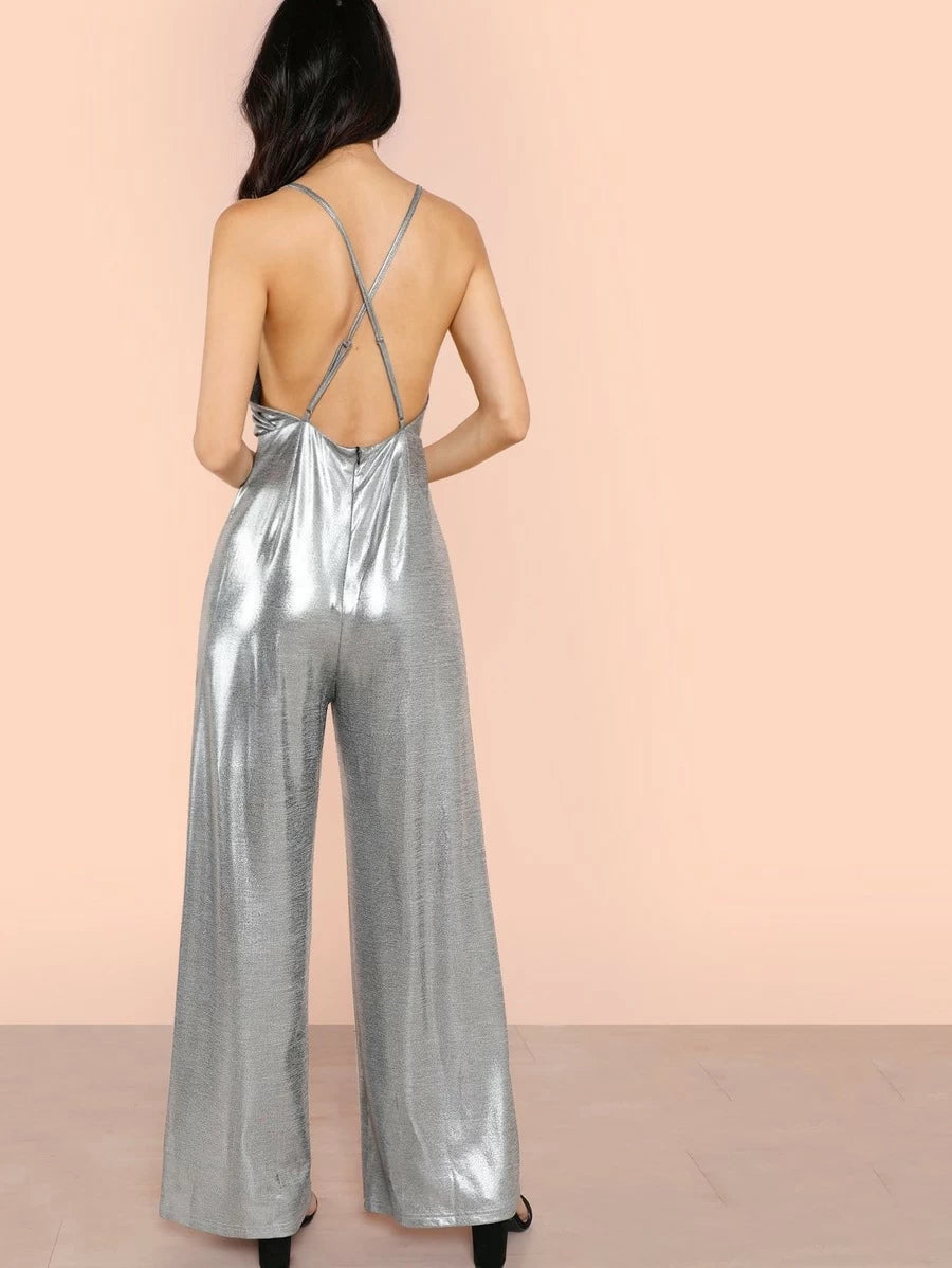 Wrap Front Metallic Jumpsuit Periwinkley Shop