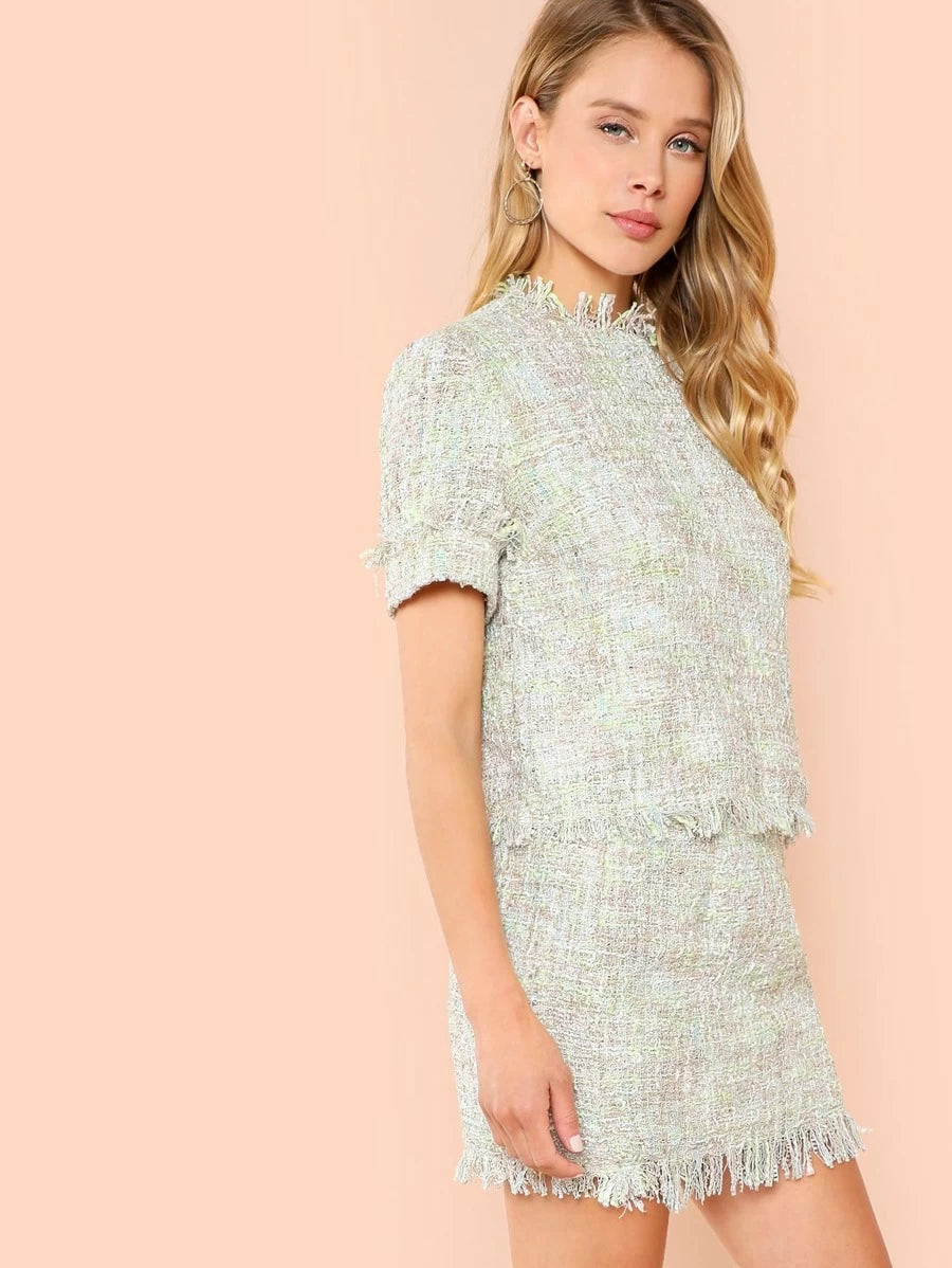 Fringe Detail Tweed Top & Skirt Set Periwinkley Shop