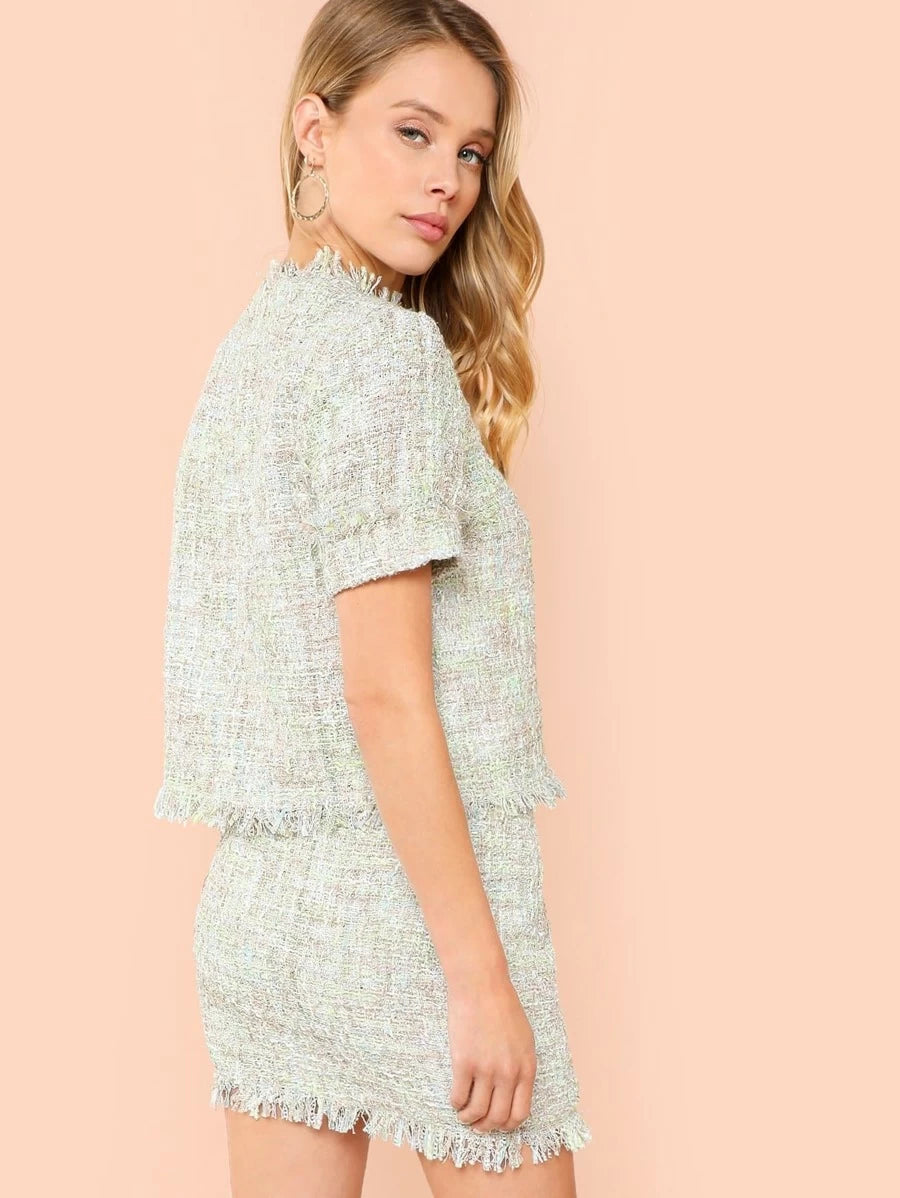 Fringe Detail Tweed Top & Skirt Set Periwinkley Shop