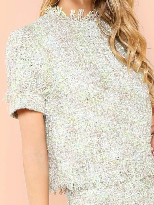 Fringe Detail Tweed Top & Skirt Set Periwinkley Shop