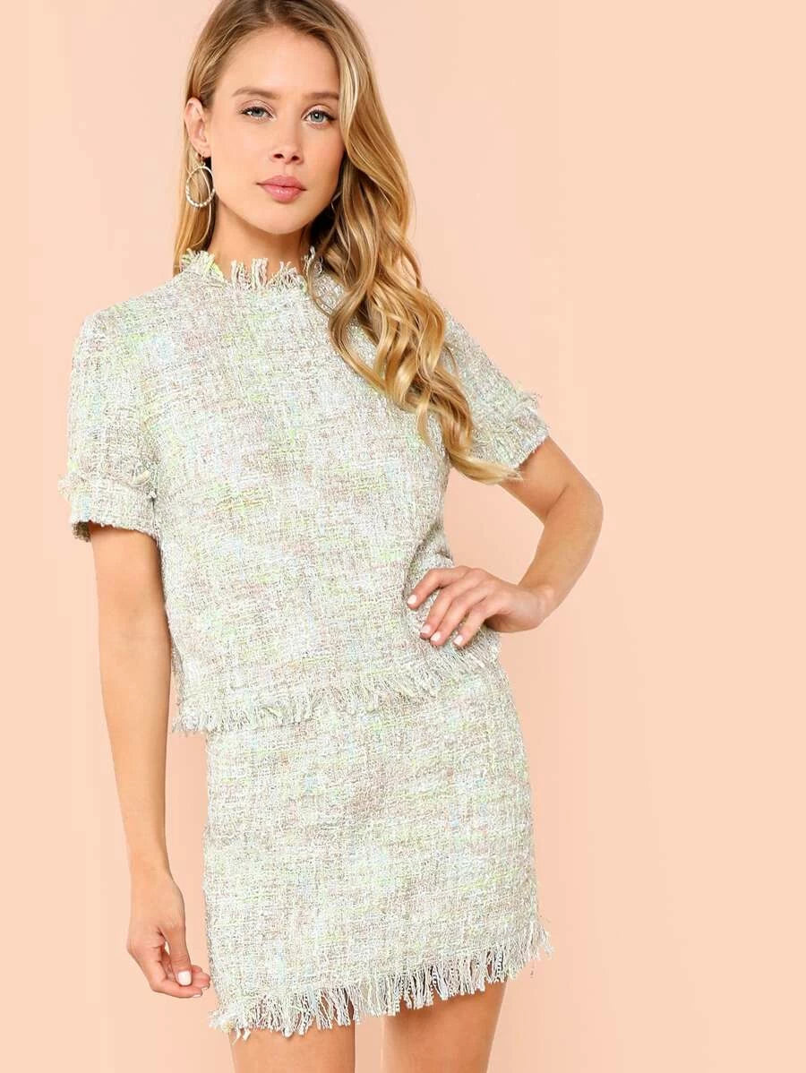Fringe Detail Tweed Top & Skirt Set Periwinkley Shop