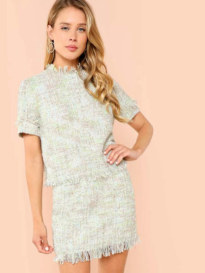 Fringe Detail Tweed Top & Skirt Set Periwinkley Shop