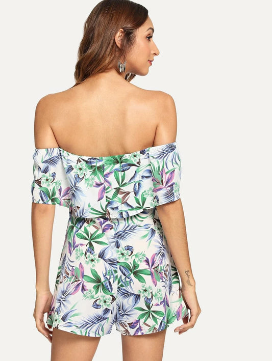 Off Shoulder Foldover Tropical Print Romper Periwinkley Shop