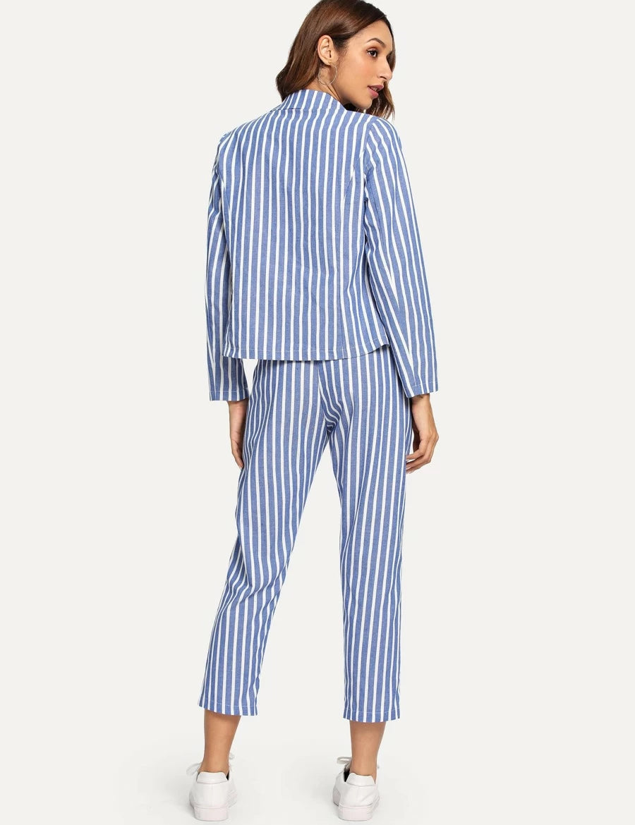 Striped Double Button Blazers With Pants Periwinkley Shop