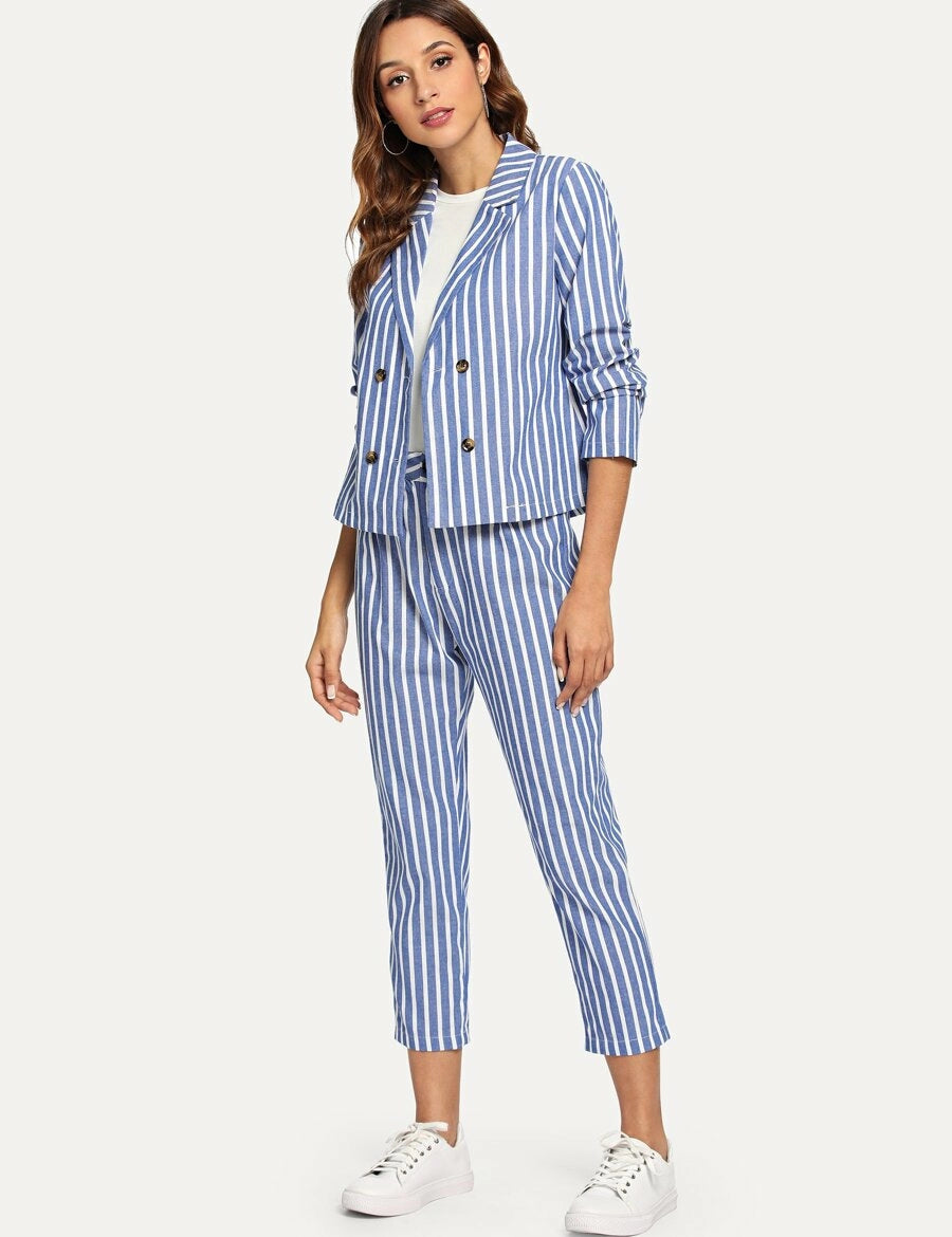 Striped Double Button Blazers With Pants Periwinkley Shop