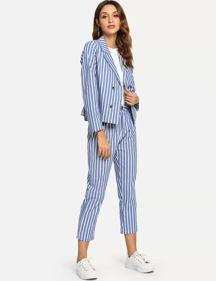 Striped Double Button Blazers With Pants Periwinkley Shop