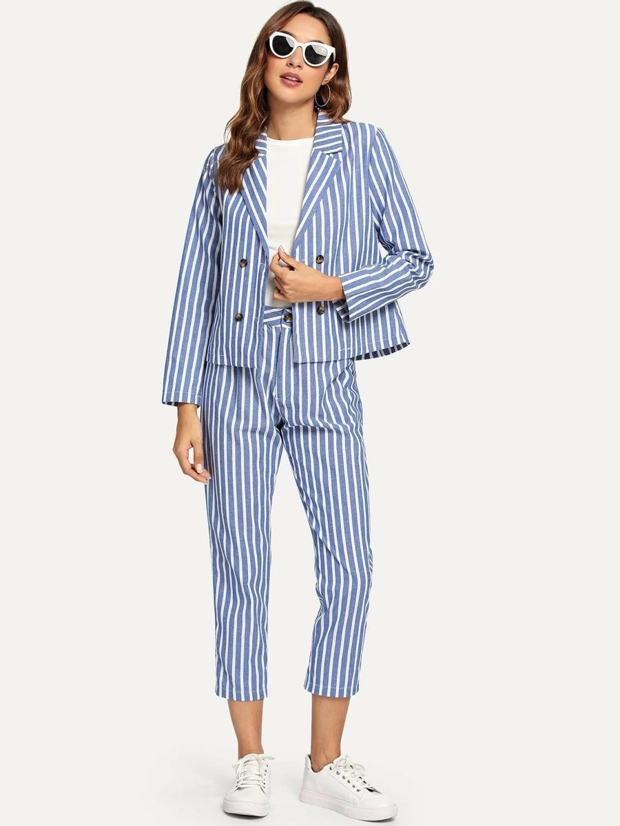 Striped Double Button Blazers With Pants Periwinkley Shop