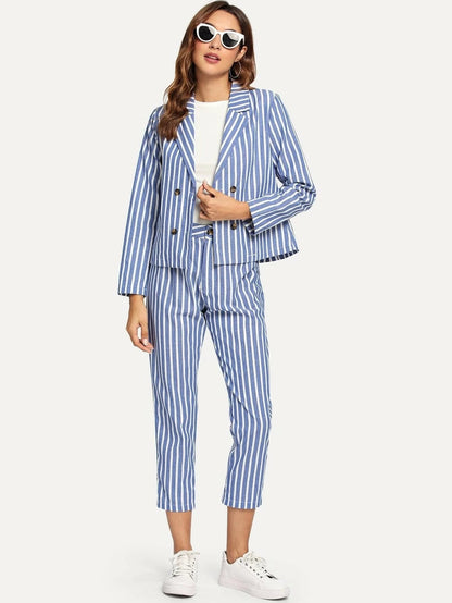 Striped Double Button Blazers With Pants Periwinkley Shop