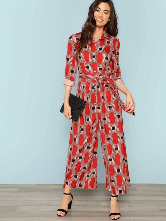 Geo Print Button Half Placket Self Belted Jumpsuit Periwinkley Shop