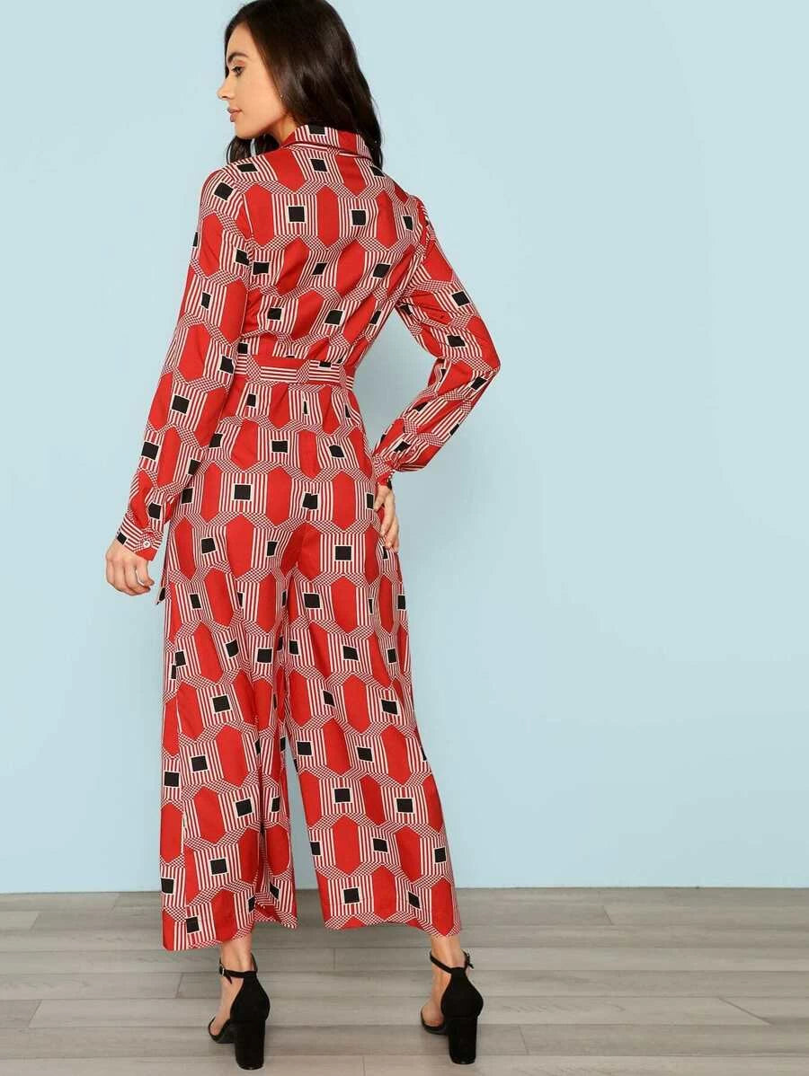 Geo Print Button Half Placket Self Belted Jumpsuit Periwinkley Shop