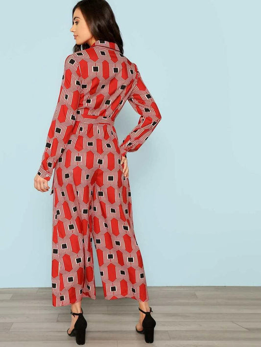 Geo Print Button Half Placket Self Belted Jumpsuit Periwinkley Shop