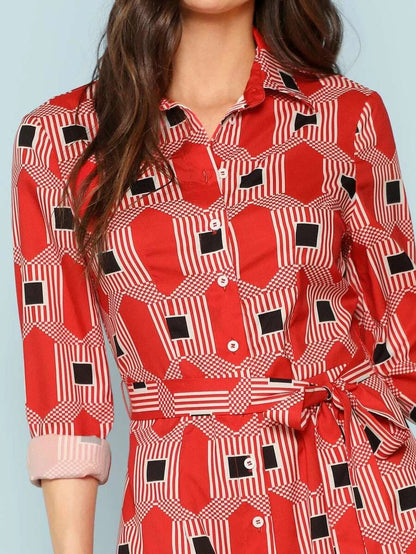 Geo Print Button Half Placket Self Belted Jumpsuit Periwinkley Shop