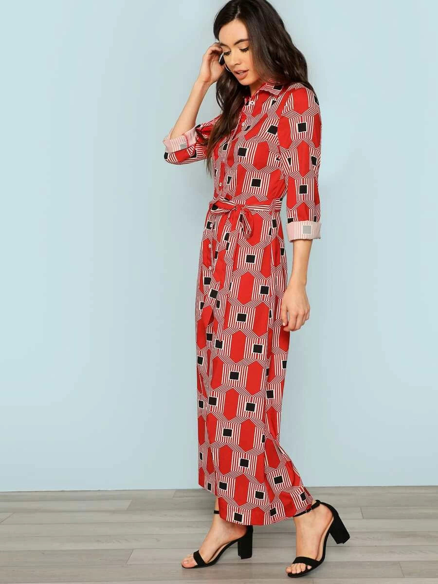 Geo Print Button Half Placket Self Belted Jumpsuit Periwinkley Shop