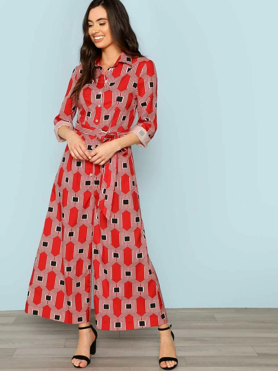 Geo Print Button Half Placket Self Belted Jumpsuit Periwinkley Shop