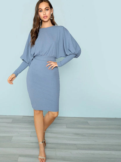 Gigot Sleeve Ribbed Blouson Dress Periwinkley Shop