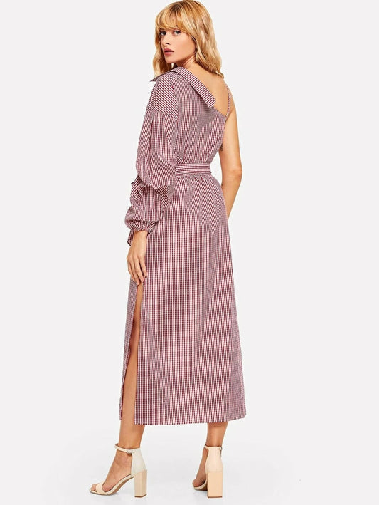 Asymmetric Shoulder Bishop Sleeve Shirt Dress Periwinkley Shop