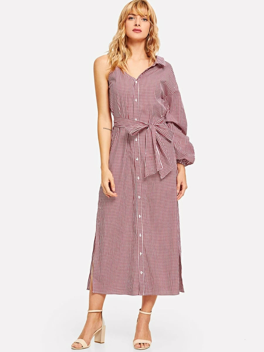Asymmetric Shoulder Bishop Sleeve Shirt Dress Periwinkley Shop