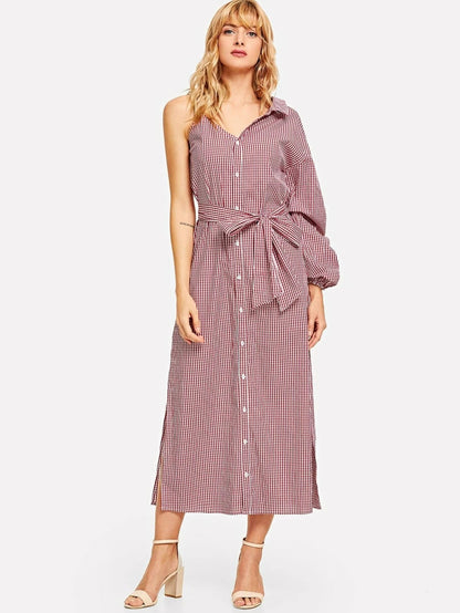 Asymmetric Shoulder Bishop Sleeve Shirt Dress Periwinkley Shop