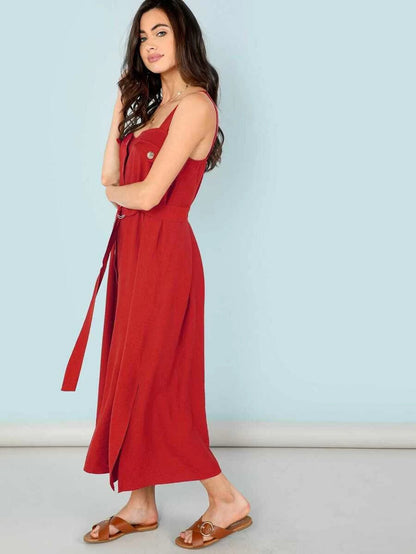 Button Embellished Self Belted Slit Utility Dress Periwinkley Shop