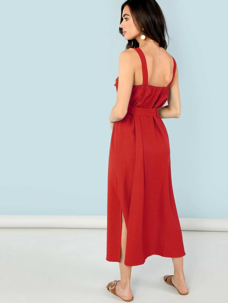 Button Embellished Self Belted Slit Utility Dress Periwinkley Shop