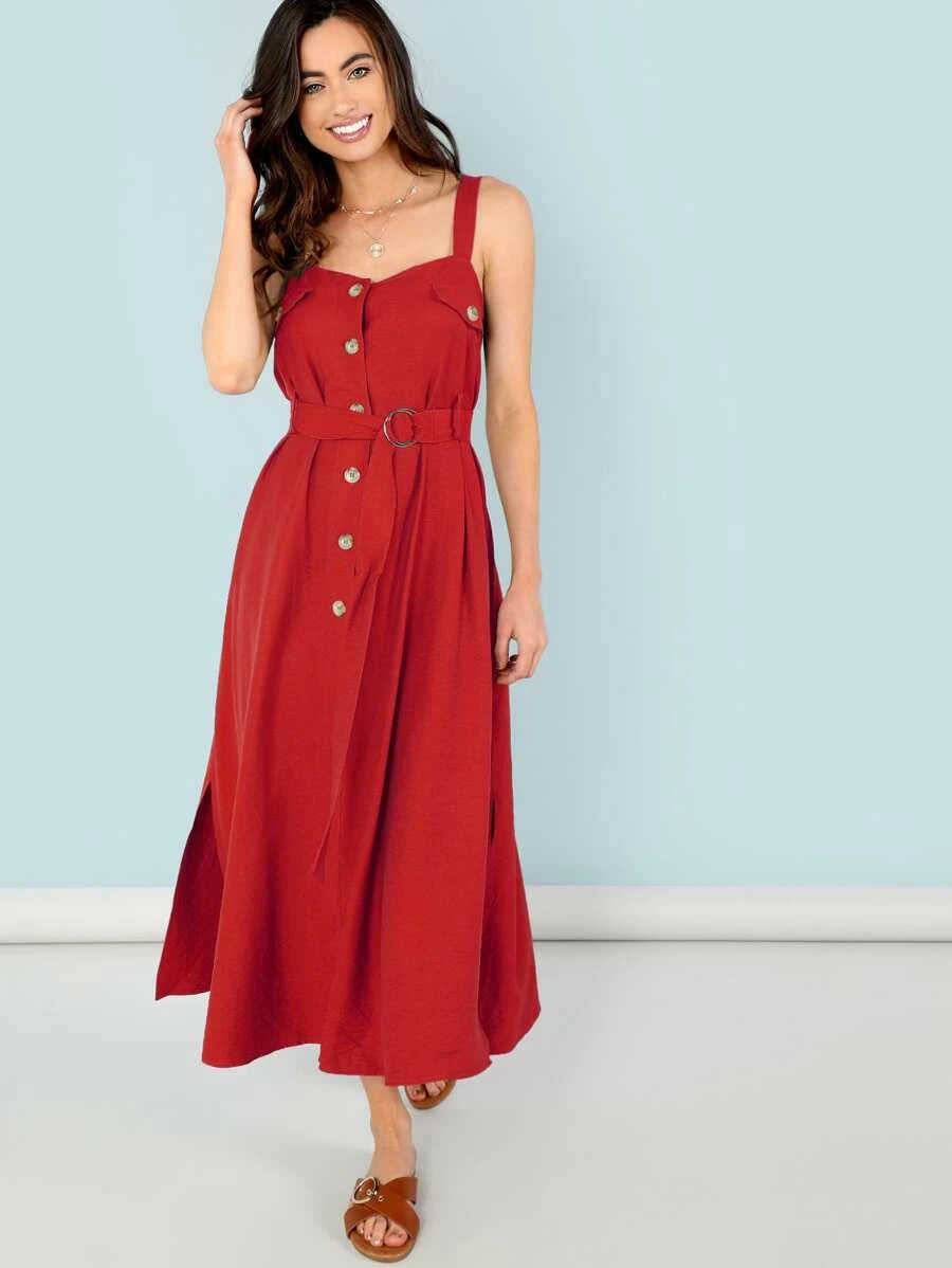 Button Embellished Self Belted Slit Utility Dress Periwinkley Shop