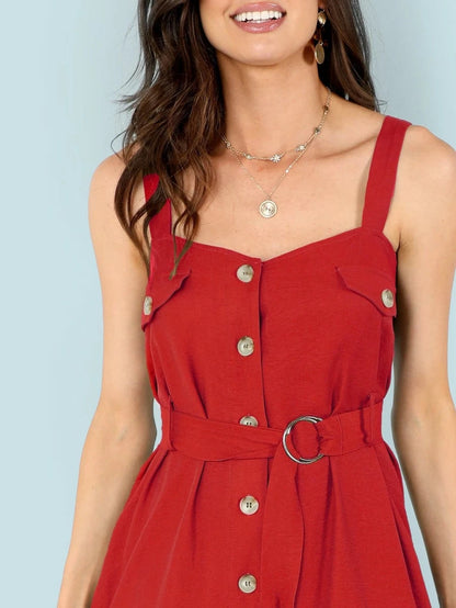 Button Embellished Self Belted Slit Utility Dress Periwinkley Shop