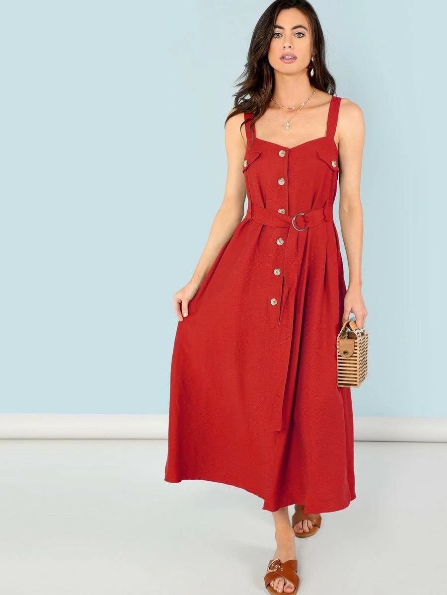 Button Embellished Self Belted Slit Utility Dress Periwinkley Shop