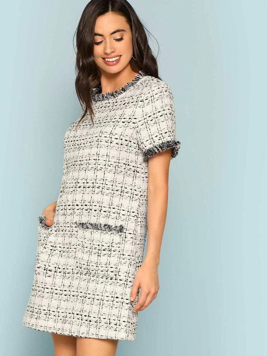 Frayed Edge Pocket Front Tweed Dress Periwinkley Shop