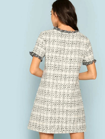 Frayed Edge Pocket Front Tweed Dress Periwinkley Shop
