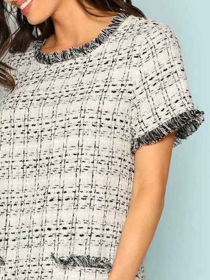 Frayed Edge Pocket Front Tweed Dress Periwinkley Shop