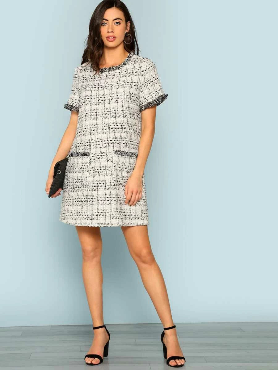 Frayed Edge Pocket Front Tweed Dress Periwinkley Shop