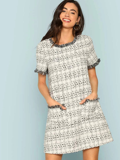 Frayed Edge Pocket Front Tweed Dress Periwinkley Shop